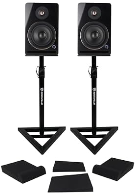 Rockville APM5B V2 Bundle: (2) 5.25-in 320W Peak/80W RMS Active Powered Studio Monitor Speakers-Black, Pair of RVSM1 Near-Field Stands, Pair of RRS190S Foam Isolation Pads, 3-Items