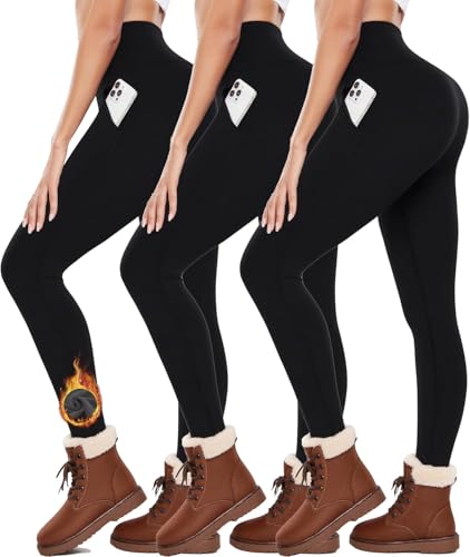 FuelMeFoot 3 Pack Leggings Termici Donna Foderato Fleece Vita Alta Biancheria Intima Termica Calda Calze Lunghe Impermeabile Inverno.11-Nero/Nero/Nero(Tasca) L/XL