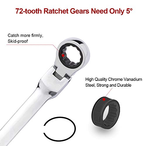 Bulltools 6-Piece Flex-Head Extra Long Ratcheting Wrenches Double Box End Chrome Vanadium Steel 72-Tooth Wrench Set With Metric 8Mm - 19Mm #TOP2