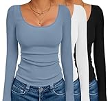 Ekouaer 3 Pack Long Sleeve Shirts for Women Scoop Neck Ribbed Thermal Tops Slim Fit Basic Undershirts Black/White/Gray Blue M