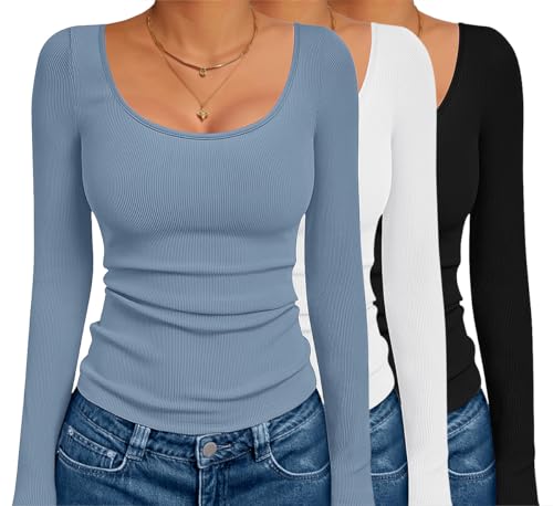 Ekouaer 3 Pack Long Sleeve Shirts for Women Scoop Neck Ribbed Thermal Tops Slim Fit Basic Undershirts Black/White/Gray Blue M