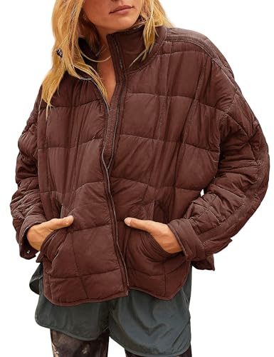 Freyhem Quilted Puffer Jacket Women Lightweight Short Zip Up Padded Coat with Pockets(Brown-M)