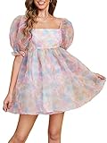 WDIRARA Women's Floral Print Square Neck Puff Sleeve High Rise Flare Organza Dress Tie Dye Multicolor L