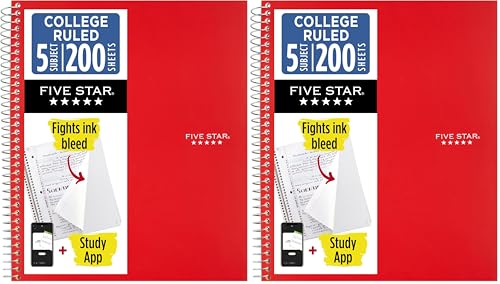 Image of Five Star Spiral Notebook + Study App, 5 Subject, College Ruled Paper, 8-1 /2 inch x 11 inch, 200 Sheets, Fights Ink Bleed, Water Resistant Cover, Fire Red (72077) (Pack of 2)