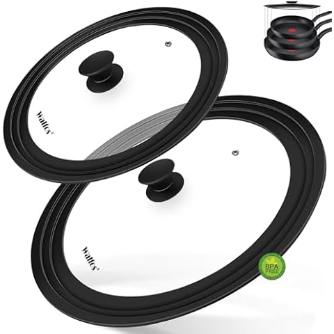 Walfos Universal Lid, Tempered Pan Lid with Heat Resistant Silicone Rim, Fits All 7" to 12" Diameter Cookware, Pots, Pans and Skillets (2Pk) Cover