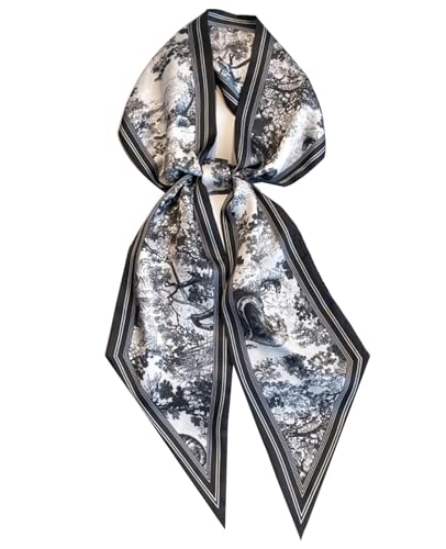 Clysoru Seidenhalstuch, bedruckt, für Damen, modisch, schräg, abgewinkelt, Satin-Schals für Taschen, Haare, 150 x 15 cm, Tintenmalerei, schwarzer Rand, 59*5.9in