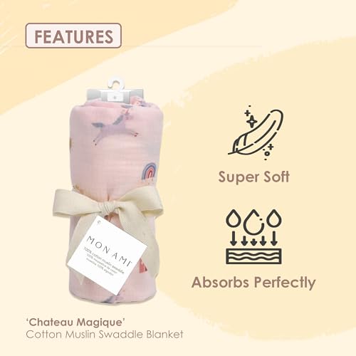 Image of MON AMI Chateau Magique Muslin Swaddle Blanket | 47x47-Inch Premium 100% Cotton Baby Blanket | Soft, Lightweight & Machine Washable | Nursery & Gift Essential