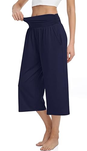 Tarse Women's High Waisted Capri Pants Casual Wide Leg Yoga Pants Loose Soft Pajamas With Pockets Sweatpants(Navy,L) #TOP1