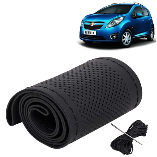 Image of KINGSWAY PU Leatherite Car Steering Cover Sewable Compatible with Chevrolet Beat (Year 2009-2017), Black Color with Black Thread, Pack of 1 with Sewing Needle and Thread