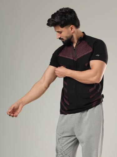 Image of GROW Stylish Aeroflex Zip T Shirt for Men Workout | Cotton and Spandex Quarter Zip Back Printed Collar T-Shirts for Men Half Sleeves