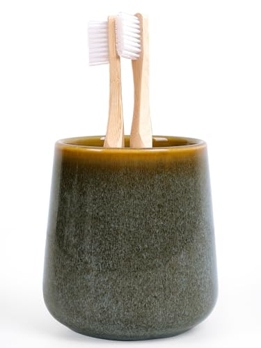 INGOFIN Ceramic Toothbrush Holder Cup 12 oz Toothpaste Holder for Bathroom Vanity and Countertop Organizer for Cosmetic Makeup Office Pencils for Hotel Apartment Kiln-Glazed Green