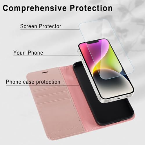 Image of MONASAY Vegan Leather Fit for iPhone-14 /13 5G Wallet Case, 6.1-inch, [Glass Screen Protector Included] [RFID Blocking] Flip Folio Phone Cover with Credit Card Holder,Rosegold