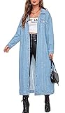 chouyatou Women's Fashion Spring Button Down Midi Long Denim Jean Jacket Trench Coat (Medium, Light Blue)
