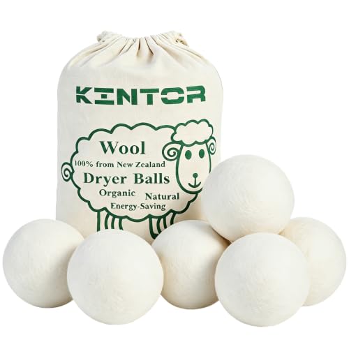 KINTOR XL Wool Dryer Balls 6-Pack, 100% New Zealand Wool, Reusable Fabric Softener, Cut Drying Time, Reduce Wrinkles Lint & Pet Hair, Hypoallergenic Quiet Laundry Balls