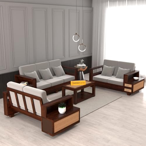 Image of Sheesham Wood 7 Seater Sofa Set with 2 Drawer Storage | 3+2+2 Wooden Sofa Set Furniture for Living Room Home Office (Natural Cane,Walnut Finish)