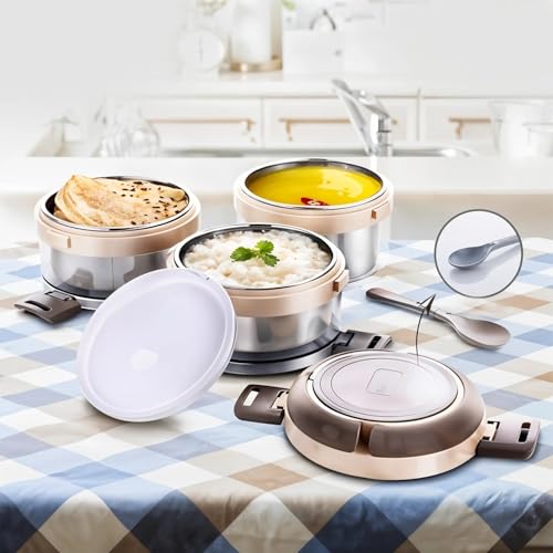 Image of Triple Compartment 3-Layer Stainless Steel Insulated Lunch Box Set | Leak-Proof Portable Durable Tiffin for Office School Work Travel | Keeps Food Fresh Warm | Easy to Carry | Pack of 1