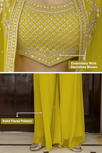 Image of TRENDMALLS Women's Georgette Embroidery Sequence Work Crop Top with Flared Palazzo and Shrug Set Ethnic Salwar Set