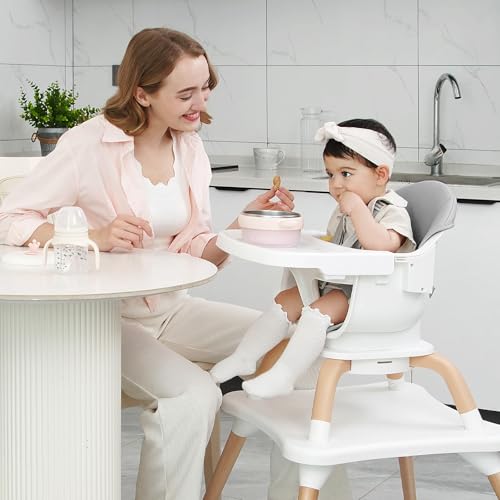 Image of Baby High Chair, 7 in 1 Convertible High Chairs for Babies and Toddlers, Kids Learning Table, Building Block Table, Toddler Dining Chair with 360 Rotating Seat, 5-Point Safety Harness (Grey)