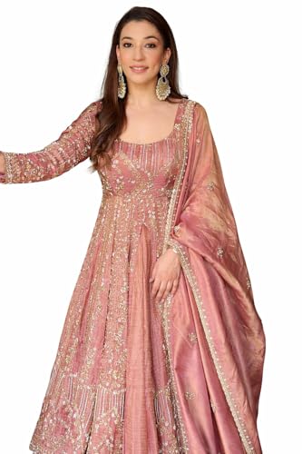 Dusty Rose Pink Embroidered Anarkali Gown with Dupatta Festive & Wedding Wear (UK Alpha L Regular Regular)