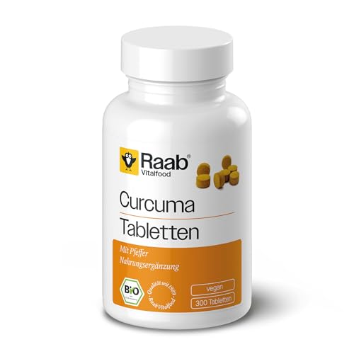 Raab Vitalfood® Bio Curcuma Tabletten (300 Stück) - mit Piperin aus Pfeffer - Curcumin-Gehalt: 3900 mg / 100 g, Piperin-Gehalt: (110 mg / 100 g) - Laborgeprüfte Qualität, vegan & glutenfrei