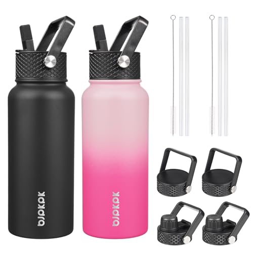 Image of BJPKPK 2 Pack 32oz Insulated Water Bottles with Straw Lids, Stainless Steel