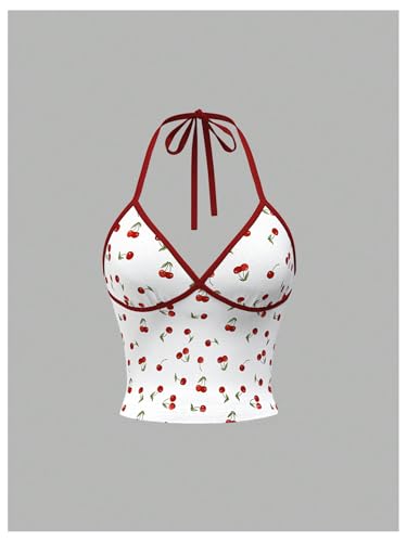 Women's Cherry Print Halter Camisole Tops Backless Slim Fit Crop Tops Coquette Streetwear Going Out Cami Tops3