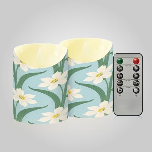 KLL Set di 2 candele natalizie senza fiamma, con telecomando LED, per camera da letto, motivo floreale giapponese bianco