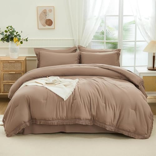 Image of Andency Oversized King Comforter Set with Sheets 128x120 Taupe - 7 Pieces Bed in a Bag Boho Soft Lightweight Bedding Sets, Tassel Bed Set with Comforter, Sheets, Pillowcases & Shams