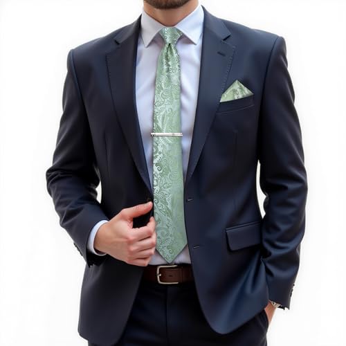 Image of DiBanGu Silk Floral Ties for Men Woven Paisley Necktie and Tie Clip Handkerchief Cufflinks Set for Party Wedding