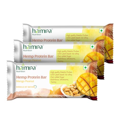 Image of Hampa Hemp protein Bar 50g | Mango Peanut Flavour | 10g Plant Protein | No Whey, Vegan Friendly | No Added Sugar, Sweetened with Dates | Anytime Snack with Edestine Protein | Pack of 3