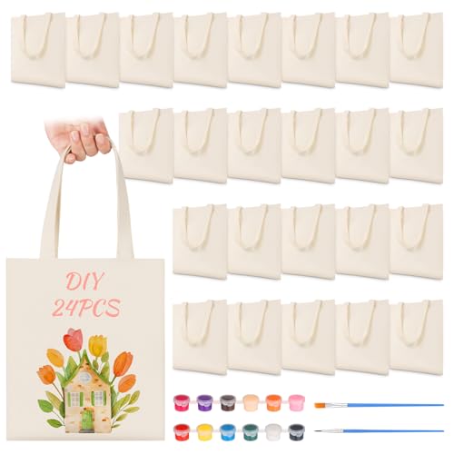 Petallush 24 Pack Canvas Tote Bags Bulk, Reusable Blank Tote Bags with Handles & Acrylic Paint Set, Small Cotton Tote Bag for Sublimation DIY Crafts, 8" x 8.5"