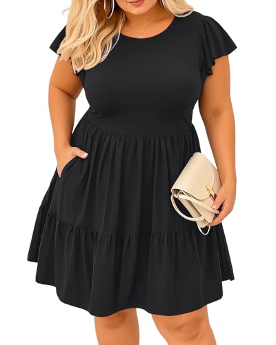 Women's Plus Size Casual Summer Tiered Flutter Sleeve Swing Short Babydoll Dress with Pockets