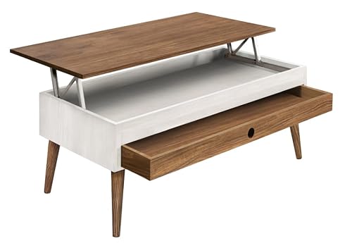 HOGAR24 ES - Alice -Mesa Centro Elevable Madera Maciza con Cajón Deslizante, Acabado Color Blanco y Encerado. Medidas: 100x50x47 cm