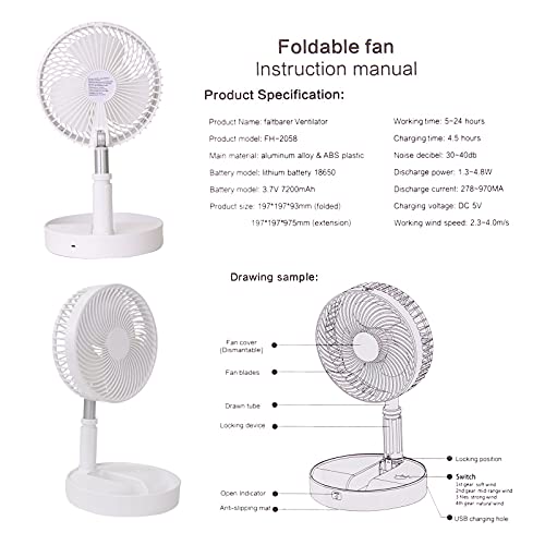 Portable Desk Fan,Foldable Fan Pedestal Stand Floor Fan Adjustable Height From 14.2 Inch To 39Inch, 4 Speeds & Time Settings, 7200Mah Rechargeable Battery Telescopic Oscillate Usb Charging (White) #TOP7