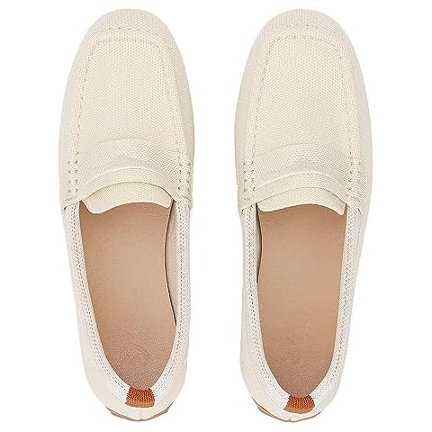 FcuteL Women Knit Driving Loafers Penny Moccasins Comfortable Slip-on Walking Boat Shoes Cream Cover