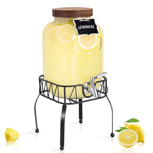 Mustry Glass Drink Dispenser for Parties, 1 Gallon Beverage Dispenser with Stand and Spigot Solid Stainless Steel, Used as Lemonade Dispenser Sun Tea Jar Kombucha Jar Single, with Stand