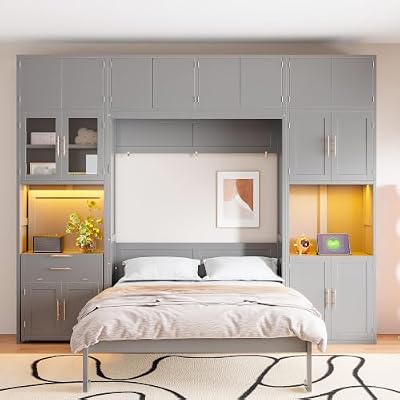 Full Size Murphy Bed with Storage Cabinets, Wall Bed with Extendable Desk