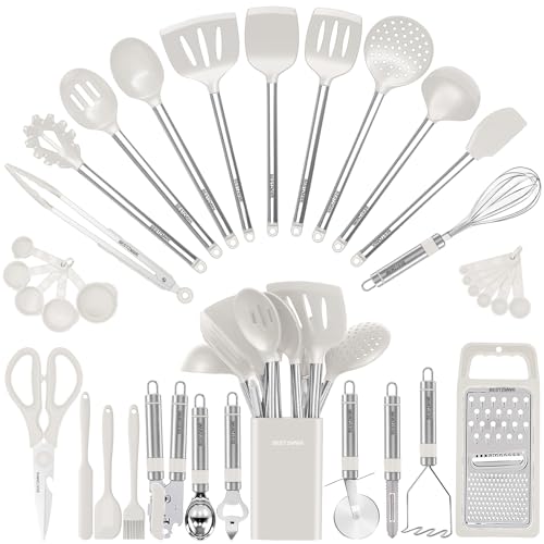 Kitchen Utensil Set-Silicone Cooking Utensils-33 Kitchen Gadgets & Spoons for Nonstick Cookware-Silicone and Stainless Steel Spatula Set-Best Kitchen Tools, Useful Pots (Cream White)