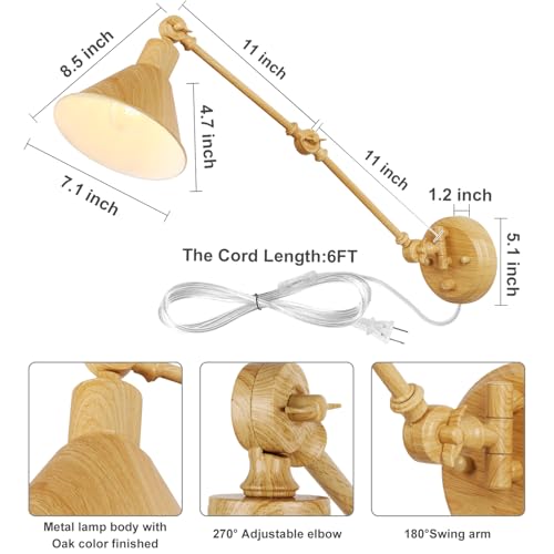 Image of TRLIFE Wall Sconce Plug in, Dimmable Wall Sconce with Switch Swing Arm Wall Lights Plug in Wall Light Wall Sconces Lighting with 6FT Plug in Cord, E26 Base(1 Pack, Oak Color)
