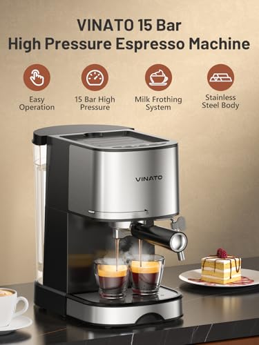 VINATO Machine à Espresso 15 Bars | Mousseur à Lait Professionnel Intégré | Compacte (17cm) pour Petites Cuisines | Double Tasse & Chauffage Rapide | Incl. 2 Filtres - Cappuccino, Latte, Macchiato – Image 3