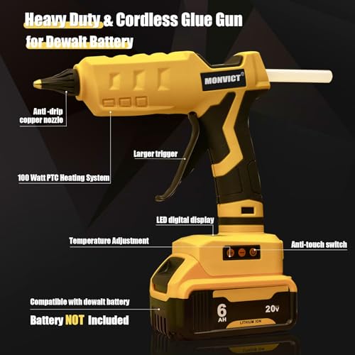 MONVICT Cordless Glue Gun for Dewalt 20V Battery, Upgraded 100W Digital Temperature Adjustable Handheld Electric Power Full Size Heavy Duty Hot Glue Gun with 10 Glue Sticks (Battery Not Included) - Image 3