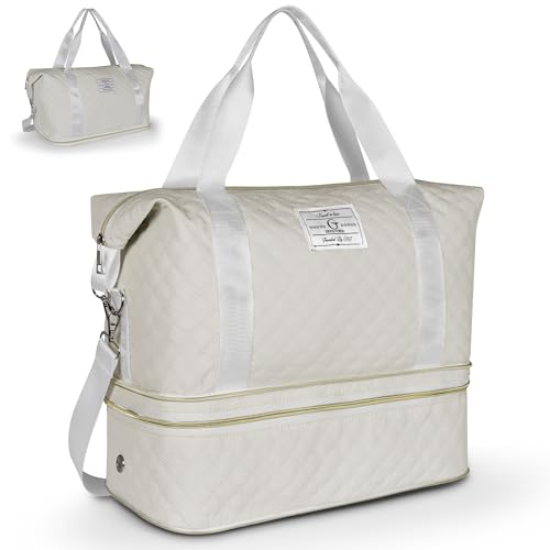 Geestock Travel Duffle Bag for Women Men, Expandable Weekender Overnight Bags with Shoes Compartment, Lightweight Carry on Personal Item Duffle Gym Bag for Travel, Airplanes, Sports (Off-White)