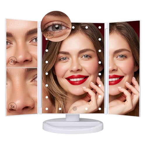 Image of SINZUX Vanity Cosmetic Mirror, 21 LED Lights, Touch Screen, Tri-Fold 2X 3X 10X Magnifying Mirror, 180Free Rotation, Dual Power Supply, White, 24L x 18W cm