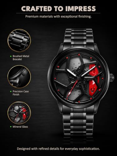Image of V2A Men's Analog Automotive Inspired Wheel Rim Design Wrist Watch | Stainless Steel Bracelet| Quartz Movement | 30M Water Resistant | Premium Black Metal Strap Watch for Men | Casual & Formal