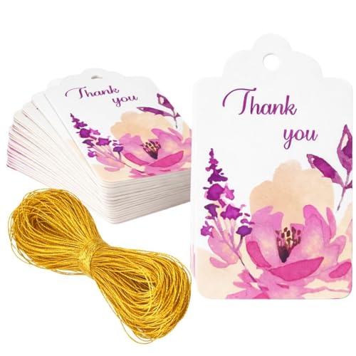 Image of CVANU Floral Thank You Gift Tags (Set of 100), Elegant Flower Design (D15) Hanging Tags with Gold String for Wedding Return Gifts & Small Business Packaging (2.85 x 1.7 Inch)