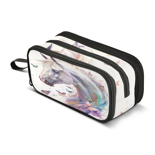 Image of White Horse Butterflies Pencil Case Box Boys Girls Large Pencil Pouch with Zipper Compartments Big Capacity Stationery Pen Bag Organizer for Kids Teens Adults School