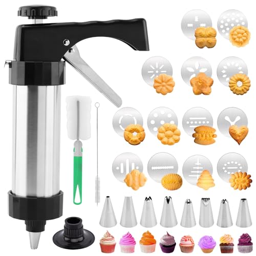 Stainless Steel Cookies Press, Cookie Press Gun Kit, Spritz Maker With 8 Piping Tips and 13 Discs for DIY Biscuit for DIY Biscuit Cake Dessert Making(Sliver,Size:8.66inch)