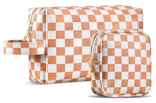 2Pcs Makeup Bag for Women, Large Checkered Cosmetic Bags with Small Makeup Pouch Set, Cute Leather Make Up Orgnizer with Zipper, Travel Skincare Toiletry Storage Bag for Teens Girls Gifts(Brown)