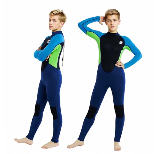Trajes de Neopreno Niños, Traje de Buceo Jóvenes, 2.5mm Espesar Mantener Caliente Trajes de Surf Natación UV 50+ Traje de Baño Snorkeling, Buceo y Otros Deportes Acuáticos, Largo-Azul Verde M