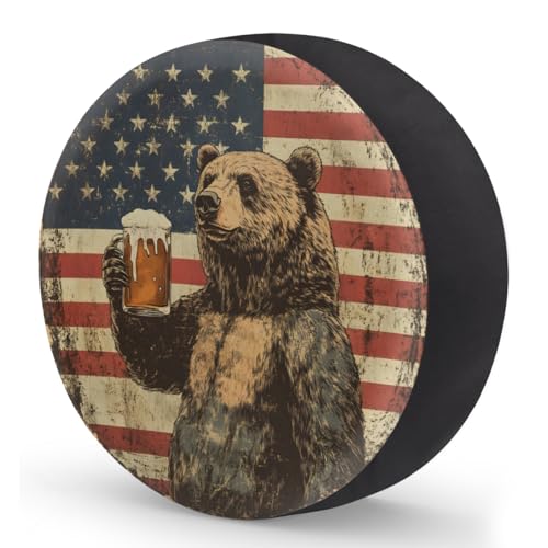 Image of Spare Tire Cover Bear American Flag Wheel Covers Protectors Waterproof Dust-Proof Universal Fit Trailer, RV, SUV and Many Vehicle (15 inch for tire Diameter 27.55 inch-29.13 inch)
